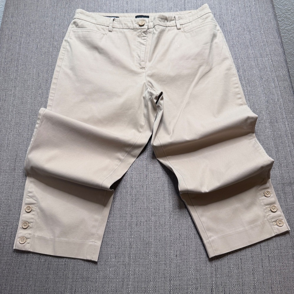 Talbots Perfect Skimmer Pants Womens 12 Tan Khaki Button Hem Cropped Trousers